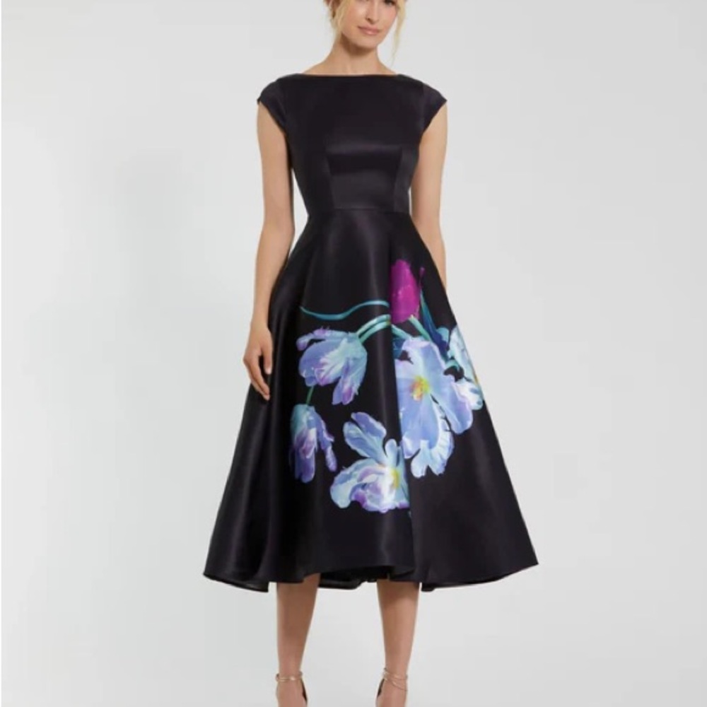 TS COUTURE Elegant Black Midi Dress with‎ Purple Floral Accents Sz 0
